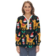 Funny Christmas Pattern Background Zip Up Long Sleeve Blouse