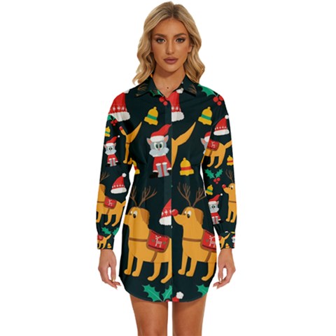 Funny Christmas Pattern Background Womens Long Sleeve Shirt Dress by Ket1n9