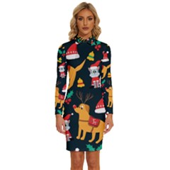 Funny Christmas Pattern Background Long Sleeve Shirt Collar Bodycon Dress