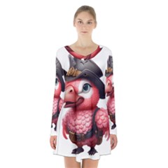 Kawaii Pink Parrot Pirate Long Sleeve Velvet V-neck Dress