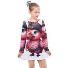 Kawaii Pink Parrot Pirate Kids  Long Sleeve Dress