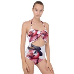 Kawaii Pink Parrot Pirate Scallop Top Cut Out Swimsuit