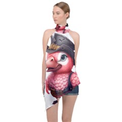 Kawaii Pink Parrot Pirate Halter Asymmetric Satin Top