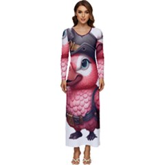 Kawaii Pink Parrot Pirate Long Sleeve Longline Maxi Dress