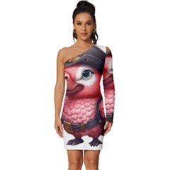 Kawaii Pink Parrot Pirate Long Sleeve One Shoulder Mini Dress