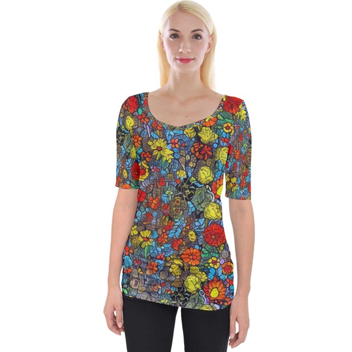 Mid Century Retro Floral 1970s 1960s Pattern 56 Wide Neckline T-Shirt