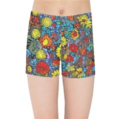 Mid Century Retro Floral 1970s 1960s Pattern 56 Kids  Sports Shorts