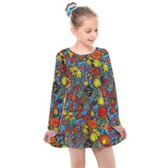 Mid Century Retro Floral 1970s 1960s Pattern 56 Kids  Long Sleeve Dress