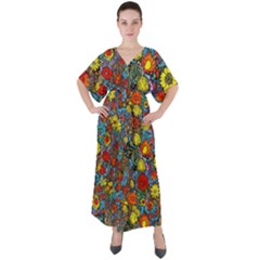 Mid Century Retro Floral 1970s 1960s Pattern 56 V-neck Boho Style Maxi Dress