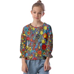 Mid Century Retro Floral 1970s 1960s Pattern 56 Kids  Cuff Sleeve Top