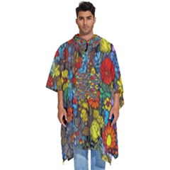 Mid Century Retro Floral 1970s 1960s Pattern 56 Men s Hooded Rain Ponchos