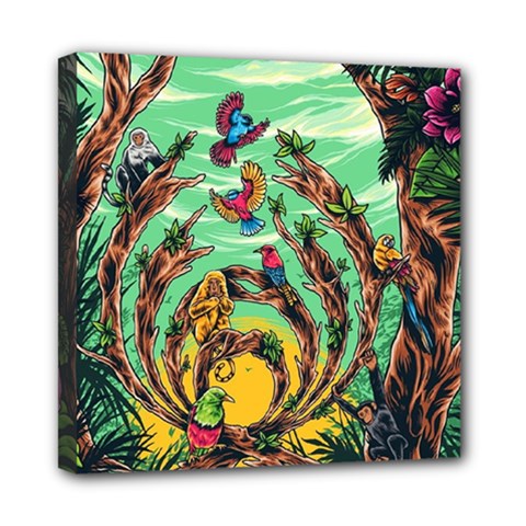 Monkey Tiger Bird Parrot Forest Jungle Style Mini Canvas 8  X 8  (stretched) by Grandong