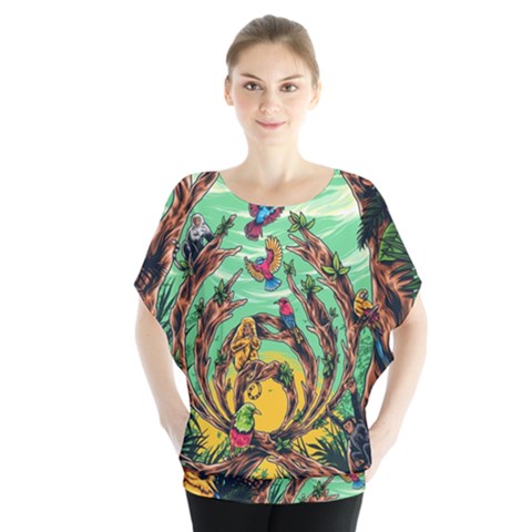 Monkey Tiger Bird Parrot Forest Jungle Style Batwing Chiffon Blouse by Grandong