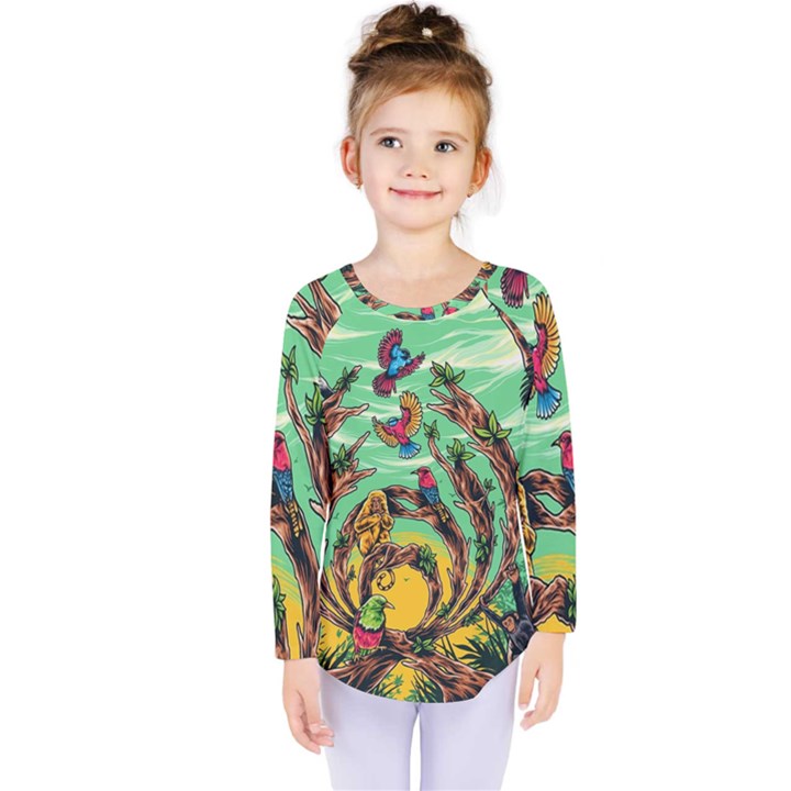 Monkey Tiger Bird Parrot Forest Jungle Style Kids  Long Sleeve T-Shirt