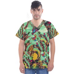 Monkey Tiger Bird Parrot Forest Jungle Style Men s V-neck Scrub Top