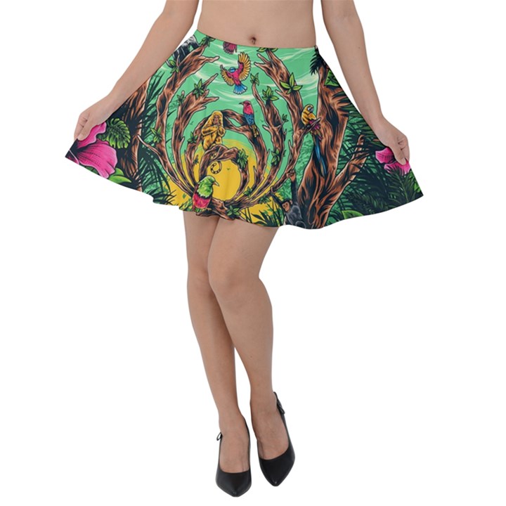 Monkey Tiger Bird Parrot Forest Jungle Style Velvet Skater Skirt