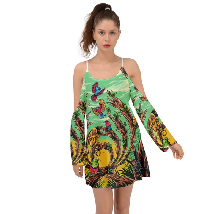 Monkey Tiger Bird Parrot Forest Jungle Style Boho Dress