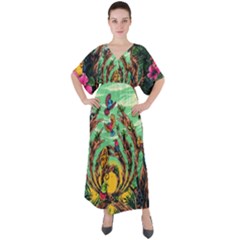 Monkey Tiger Bird Parrot Forest Jungle Style V-neck Boho Style Maxi Dress by Grandong