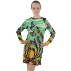 Monkey Tiger Bird Parrot Forest Jungle Style Long Sleeve Hoodie Dress