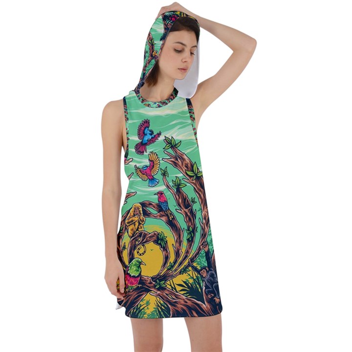 Monkey Tiger Bird Parrot Forest Jungle Style Racer Back Hoodie Dress