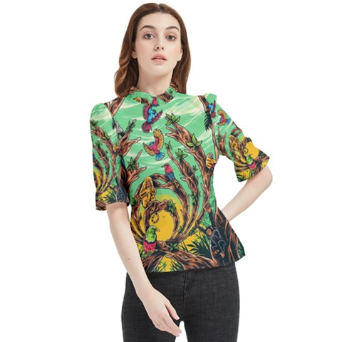 Monkey Tiger Bird Parrot Forest Jungle Style Frill Neck Blouse by Grandong