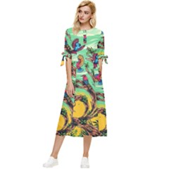 Monkey Tiger Bird Parrot Forest Jungle Style Bow Sleeve Chiffon Midi Dress by Grandong