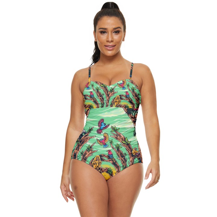 Monkey Tiger Bird Parrot Forest Jungle Style Retro Full Coverage Swimsuit