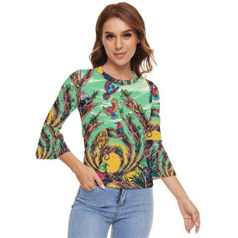 Monkey Tiger Bird Parrot Forest Jungle Style Bell Sleeve Top by Grandong