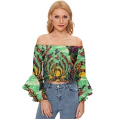 Monkey Tiger Bird Parrot Forest Jungle Style Off Shoulder Flutter Bell Sleeve Top