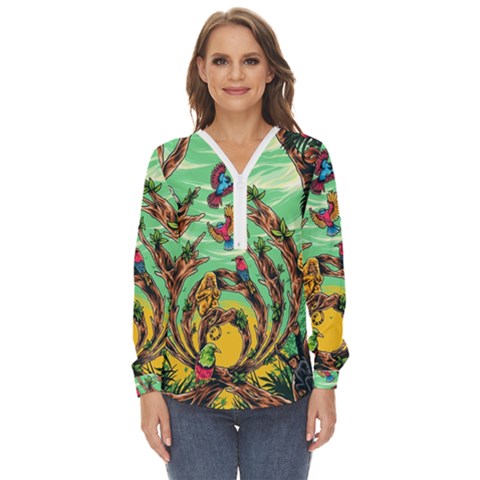 Monkey Tiger Bird Parrot Forest Jungle Style Zip Up Long Sleeve Blouse by Grandong