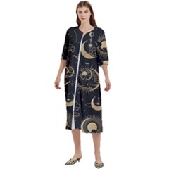 Asian Seamless Pattern With Clouds Moon Sun Stars Vector Collection Oriental Chinese Japanese Korean Women s Cotton 3/4 Sleeve Nightgown by Grandong