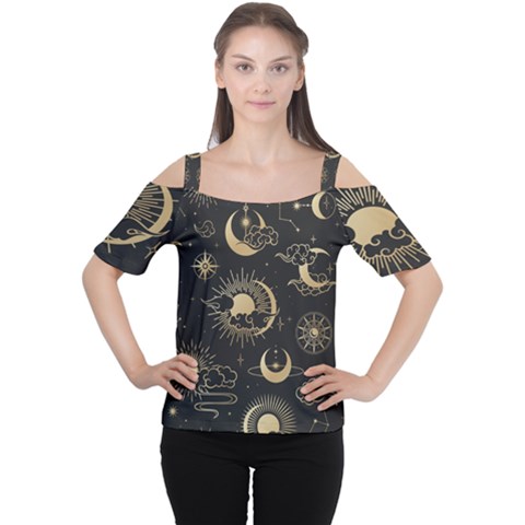 Asian Seamless Pattern With Clouds Moon Sun Stars Vector Collection Oriental Chinese Japanese Korean Cutout Shoulder T-shirt by Grandong