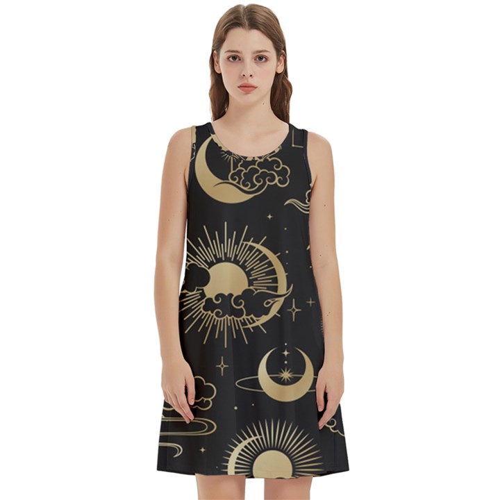 Asian Seamless Pattern With Clouds Moon Sun Stars Vector Collection Oriental Chinese Japanese Korean Round Neck Sleeve Casual Dress With Pockets