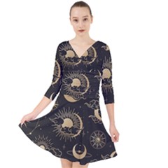 Asian Seamless Pattern With Clouds Moon Sun Stars Vector Collection Oriental Chinese Japanese Korean Quarter Sleeve Front Wrap Dress