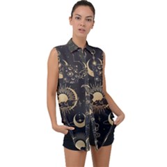 Asian Seamless Pattern With Clouds Moon Sun Stars Vector Collection Oriental Chinese Japanese Korean Sleeveless Chiffon Button Shirt