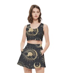 Asian Seamless Pattern With Clouds Moon Sun Stars Vector Collection Oriental Chinese Japanese Korean Women s Crop Top Pleated Skater Rave Skirt