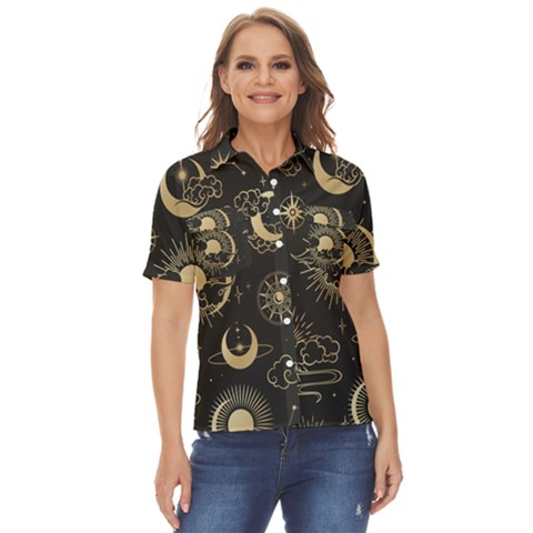 Asian Seamless Pattern With Clouds Moon Sun Stars Vector Collection Oriental Chinese Japanese Korean Women s Short Sleeve Double Pocket Shirt by Grandong