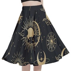 Asian Seamless Pattern With Clouds Moon Sun Stars Vector Collection Oriental Chinese Japanese Korean A-line Full Circle Midi Skirt With Pocket