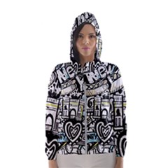 New York City Nyc Broadway Doodle Art Women s Hooded Windbreaker