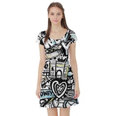 New York City Nyc Broadway Doodle Art Short Sleeve Skater Dress