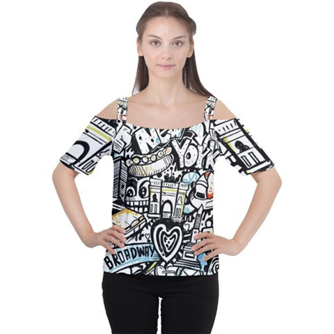 New York City Nyc Broadway Doodle Art Cutout Shoulder T-shirt by Grandong