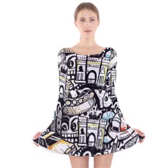 New York City Nyc Broadway Doodle Art Long Sleeve Velvet Skater Dress