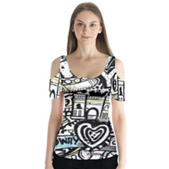 New York City Nyc Broadway Doodle Art Butterfly Sleeve Cutout T-shirt 