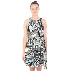 New York City Nyc Broadway Doodle Art Halter Collar Waist Tie Chiffon Dress