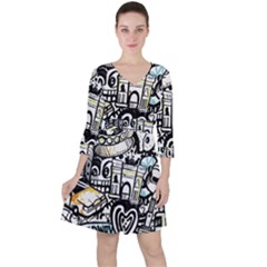 New York City Nyc Broadway Doodle Art Quarter Sleeve Ruffle Waist Dress by Grandong