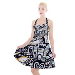 New York City Nyc Broadway Doodle Art Halter Party Swing Dress 