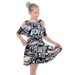 New York City Nyc Broadway Doodle Art Kids  Shoulder Cutout Chiffon Dress by Grandong