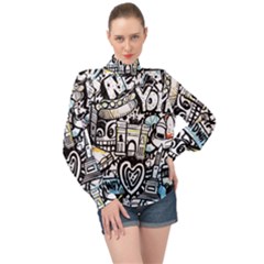 New York City Nyc Broadway Doodle Art High Neck Long Sleeve Chiffon Top