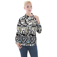 New York City Nyc Broadway Doodle Art Women s Long Sleeve Pocket Shirt