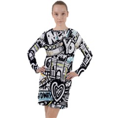 New York City Nyc Broadway Doodle Art Long Sleeve Hoodie Dress